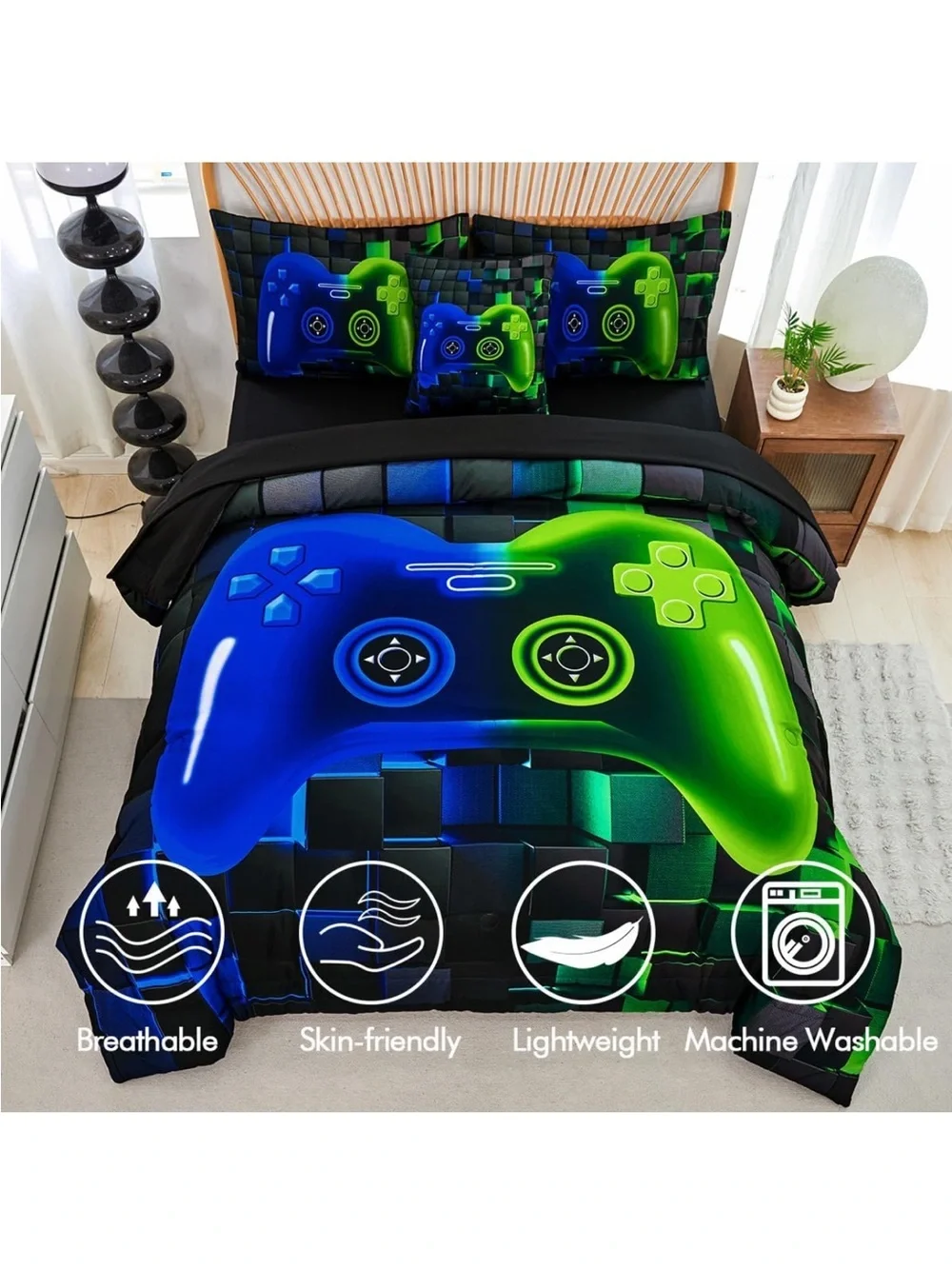 Neon Blue & Green Gamer Controller Comforter Set - Youth Bedding